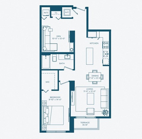 Floor plan for 1 bed, 1 bath, 956 sqft